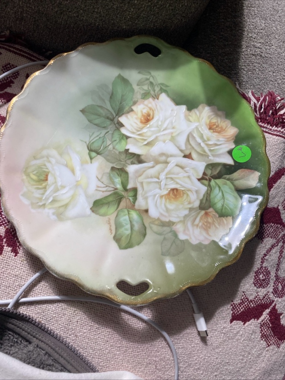 Decorative Porcelain Plate with White Rose Bouquet